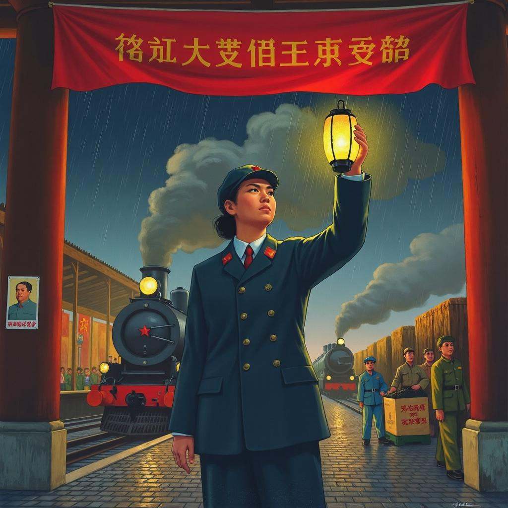 maoist propaganda poster,  A heroic portrait of a female railway conductor clad in a spotless dark blue uniform with brass...