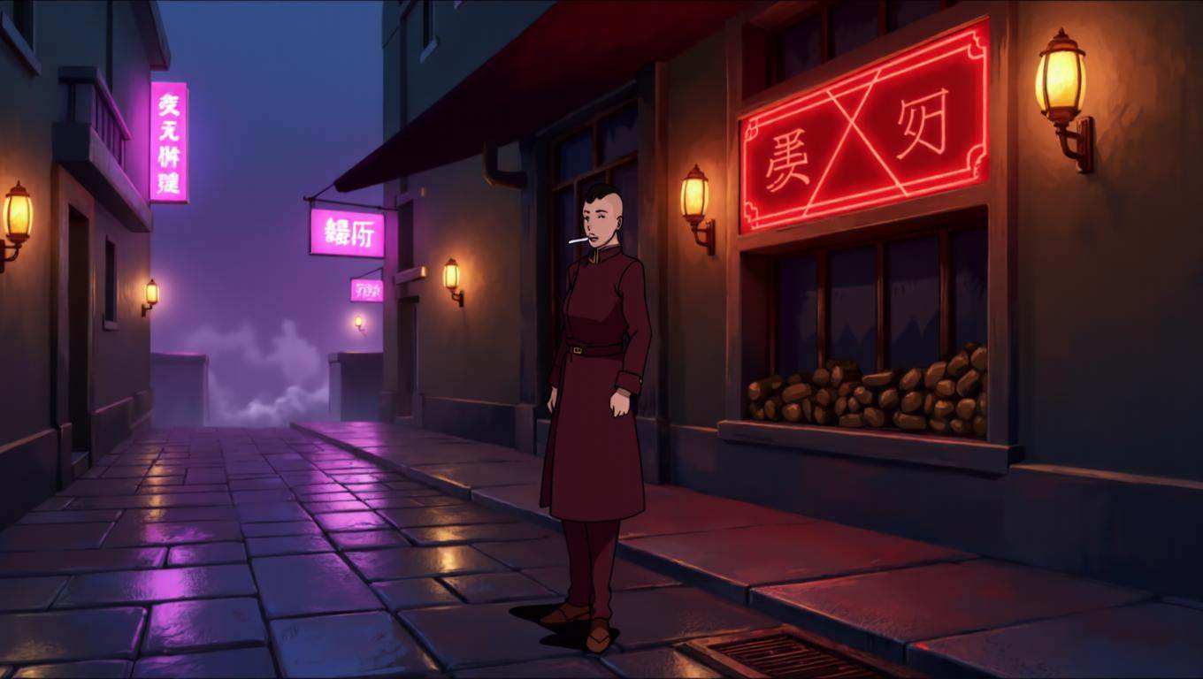 2d western animation screencap in lk artstyle with rich,  desaturated color tones and soft ambient lighting,  showcasing a...
