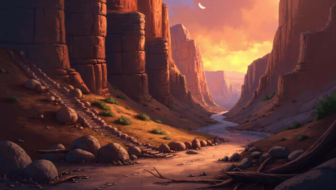 2d western animation screencap in lk artstyle with rich,  desaturated color tones and soft ambient lighting of a vast,  cr...