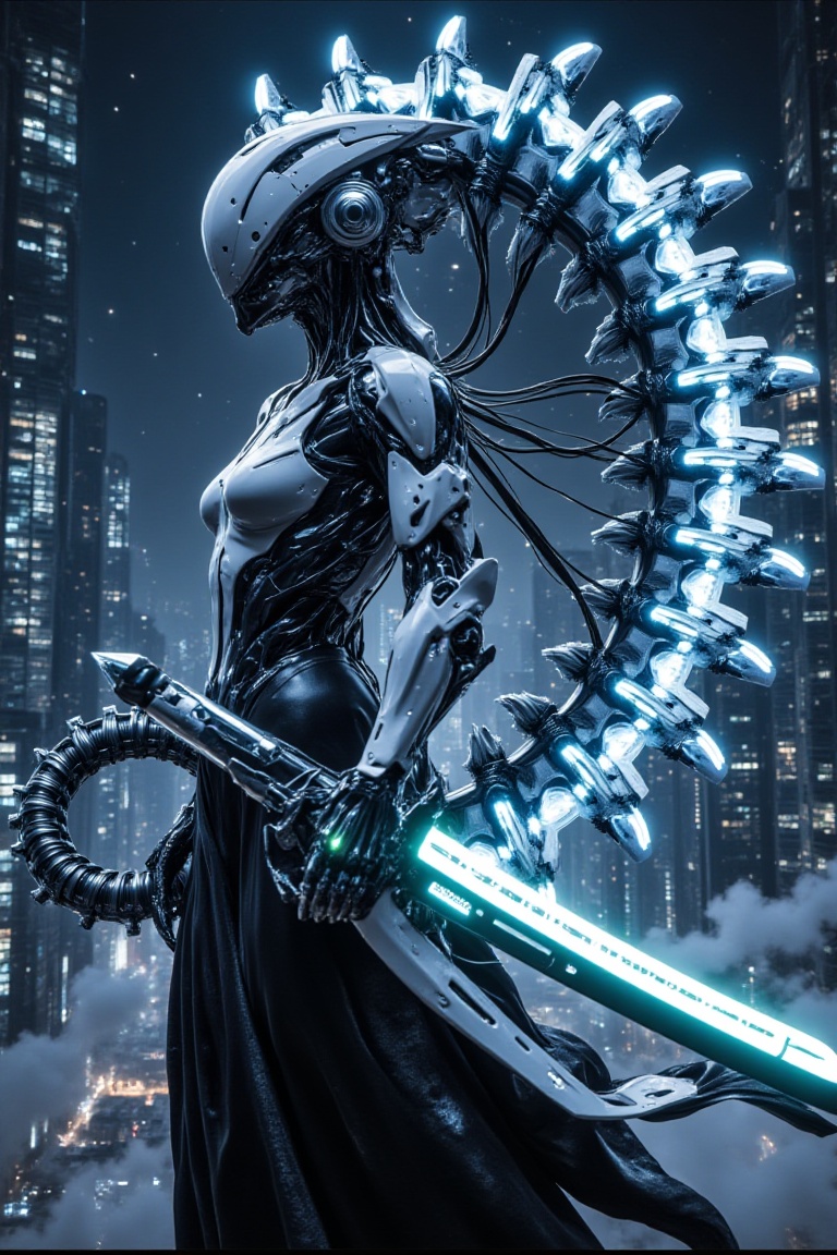mechhalo_gamma,  sleek robotic female warrior with luminous sword,  mechanical spine forming a glowing halo behind her on...