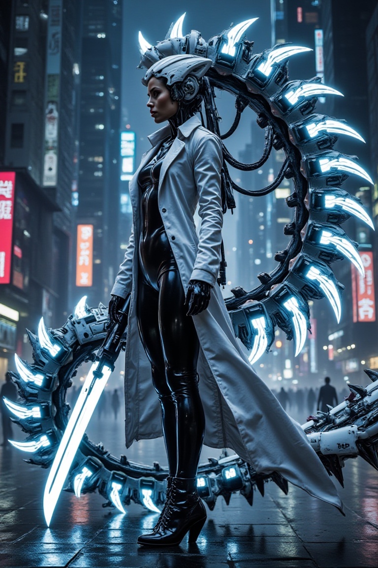 mechhalo_delta,  cyberpunk woman in white coat and black latex pants,  surrounded by glowing segmented robotic tails on Te...