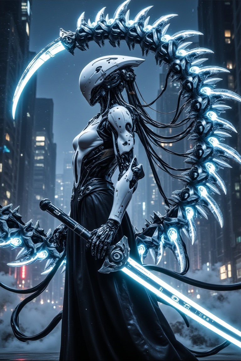 mechhalo_zeta,  cybernetic female soldier in white-black combat armor,  wielding glowing techno-sword on Tensor.Art