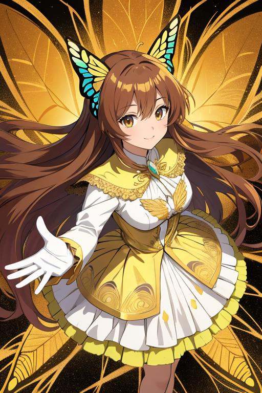 masterpiece,  best quality,  Anime of 1 girl is fly in the air and smile and surrounded by a lot of surreal painting gold...
