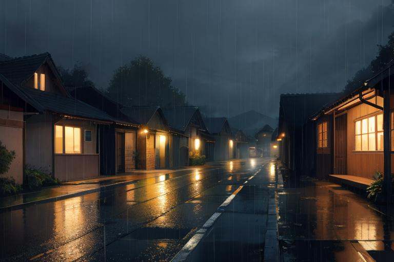 raining night ,  village road on Tensor.Art