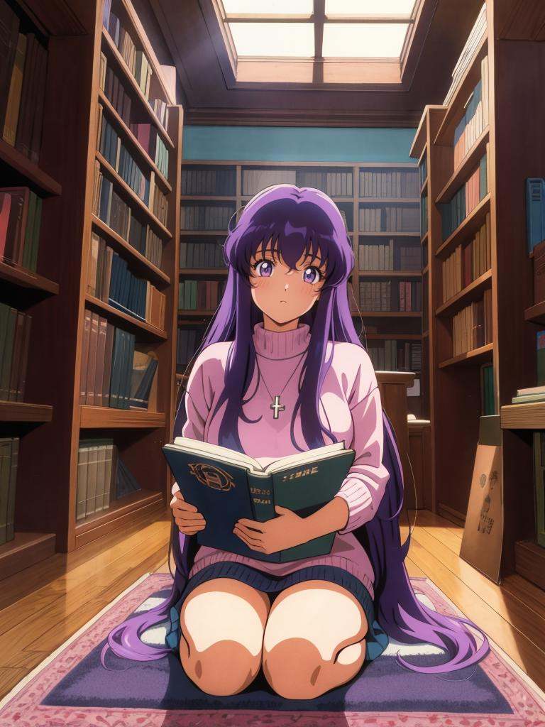sweet girl with long purple hair wearing oversized knit sweater,  sitting cross-legged on floor of bookshop,  open book in...
