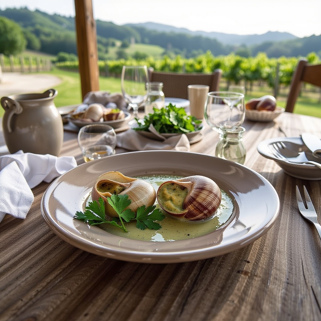 A beautifully plated French escargot with garlic parsley butter sauce,  placed on a rustic wooden outdoor table in the cou...