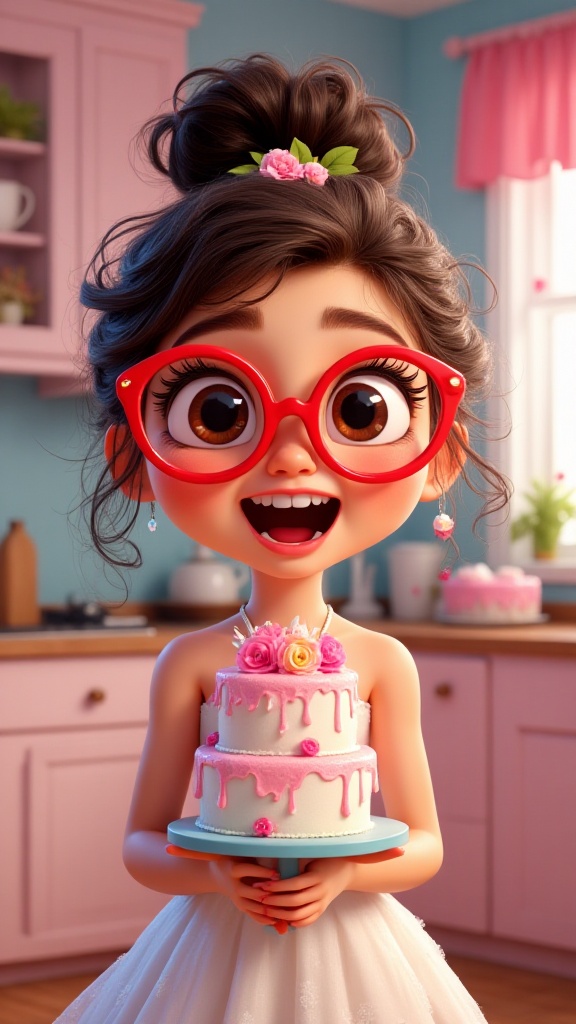 A cute Pixar-style character named Mimi with big red-rimmed glasses and big shiny eyes,  standing prominently with a surpr...