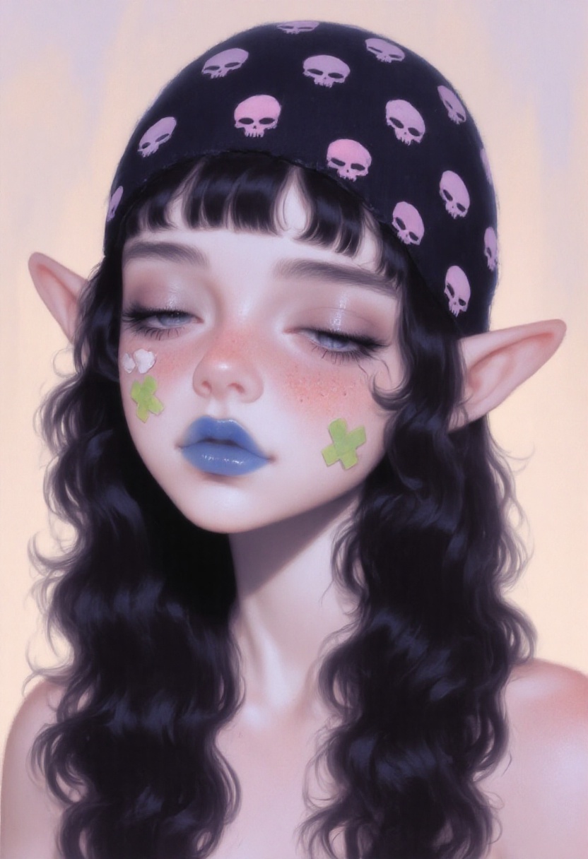 m1sty_style ,  elf woman with long,  wavy black hair. She wears a black beanie with pink skull patterns on Tensor.Art