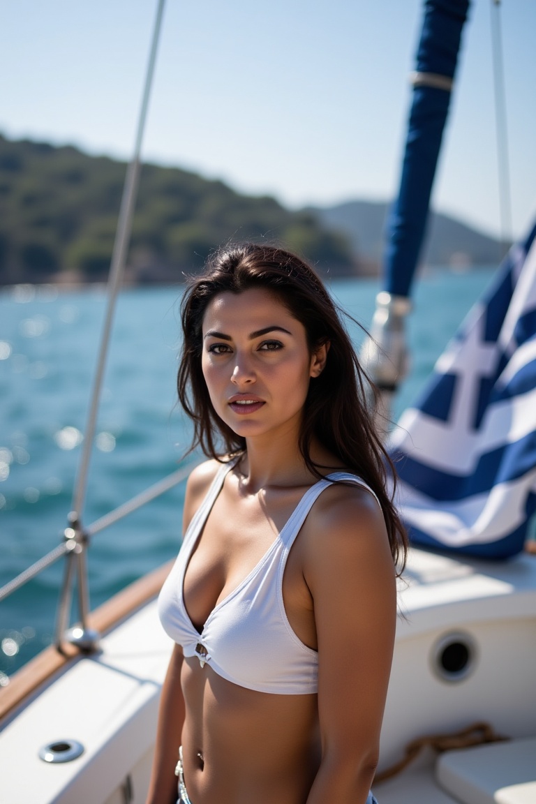 A photorealistic image of a woman on a boat in the Adriatic see,  a greek flag flies behind her. on Tensor.Art