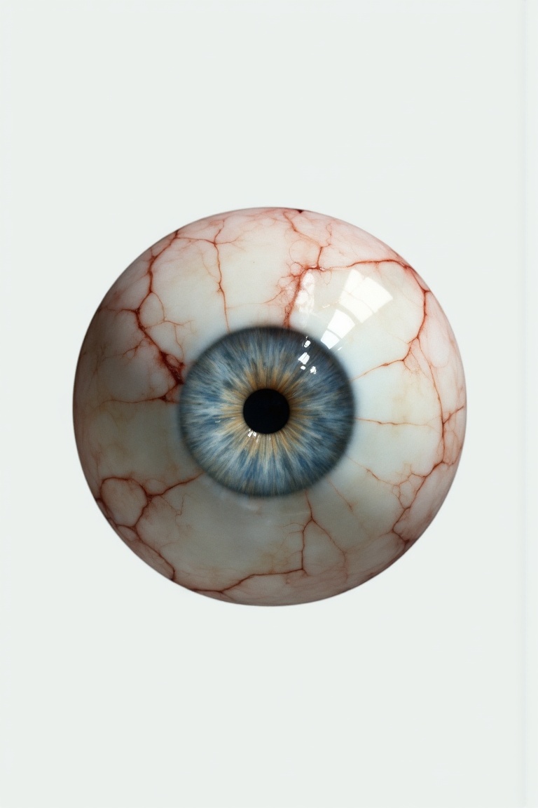 Hyperrealistic scene of a round eyeball,  light blue pupil and faintly visible small red veins,  white background on Tenso...