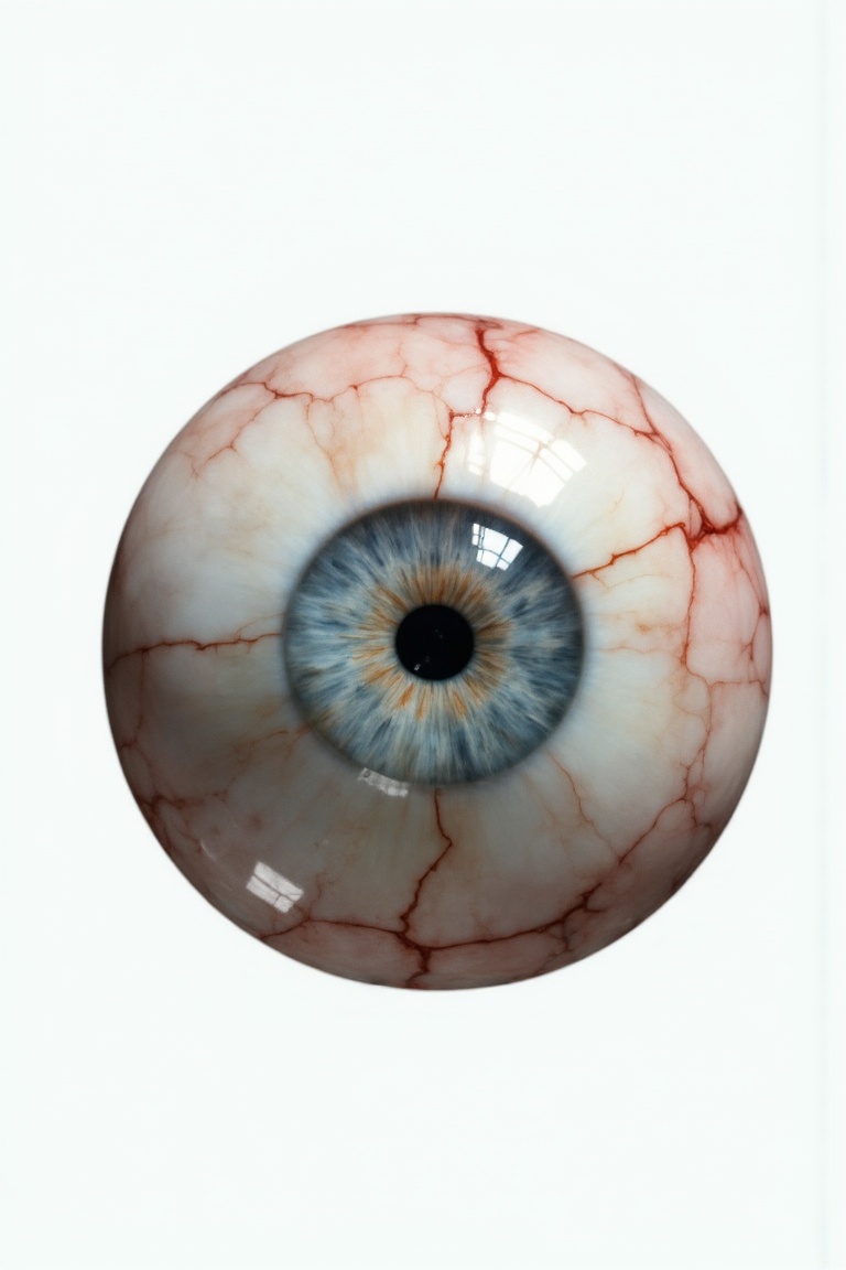 Hyperrealistic scene of a round eyeball,  light blue pupil and faintly visible small red veins,  white background on Tenso...