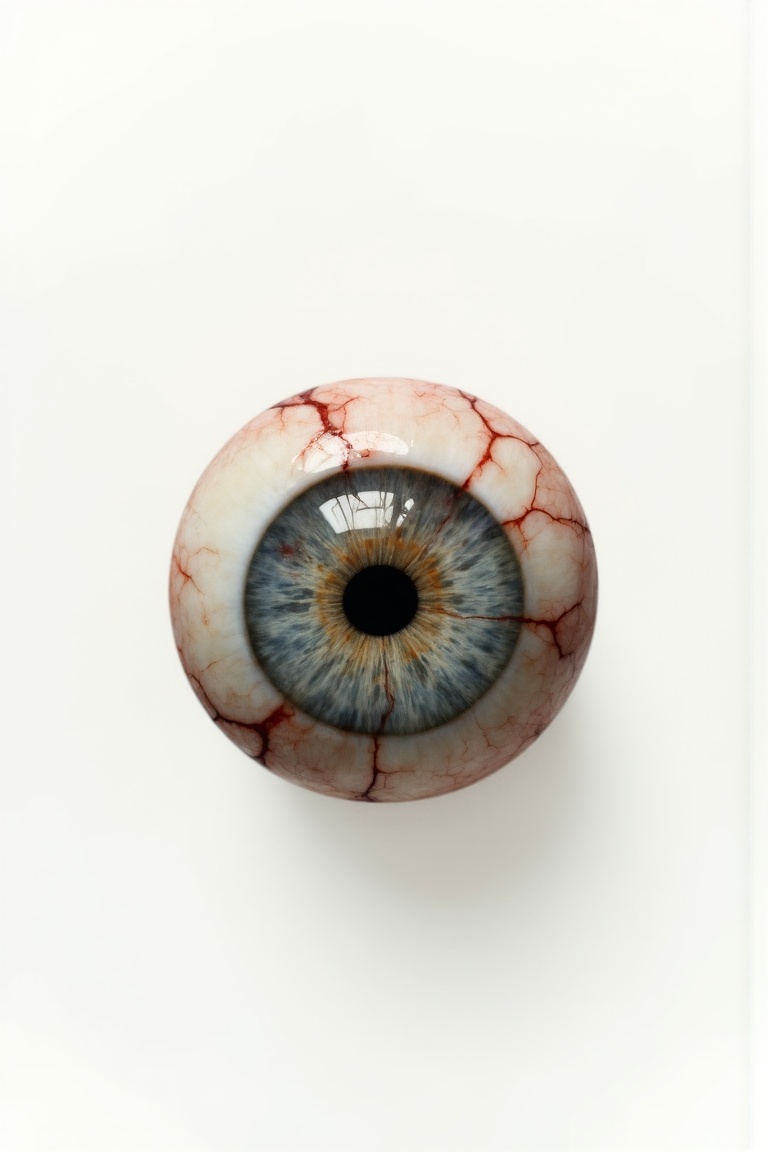 Hyperrealistic scene of a round eyeball with small red veins faintly visible,  white background,  Very high detail on Tens...