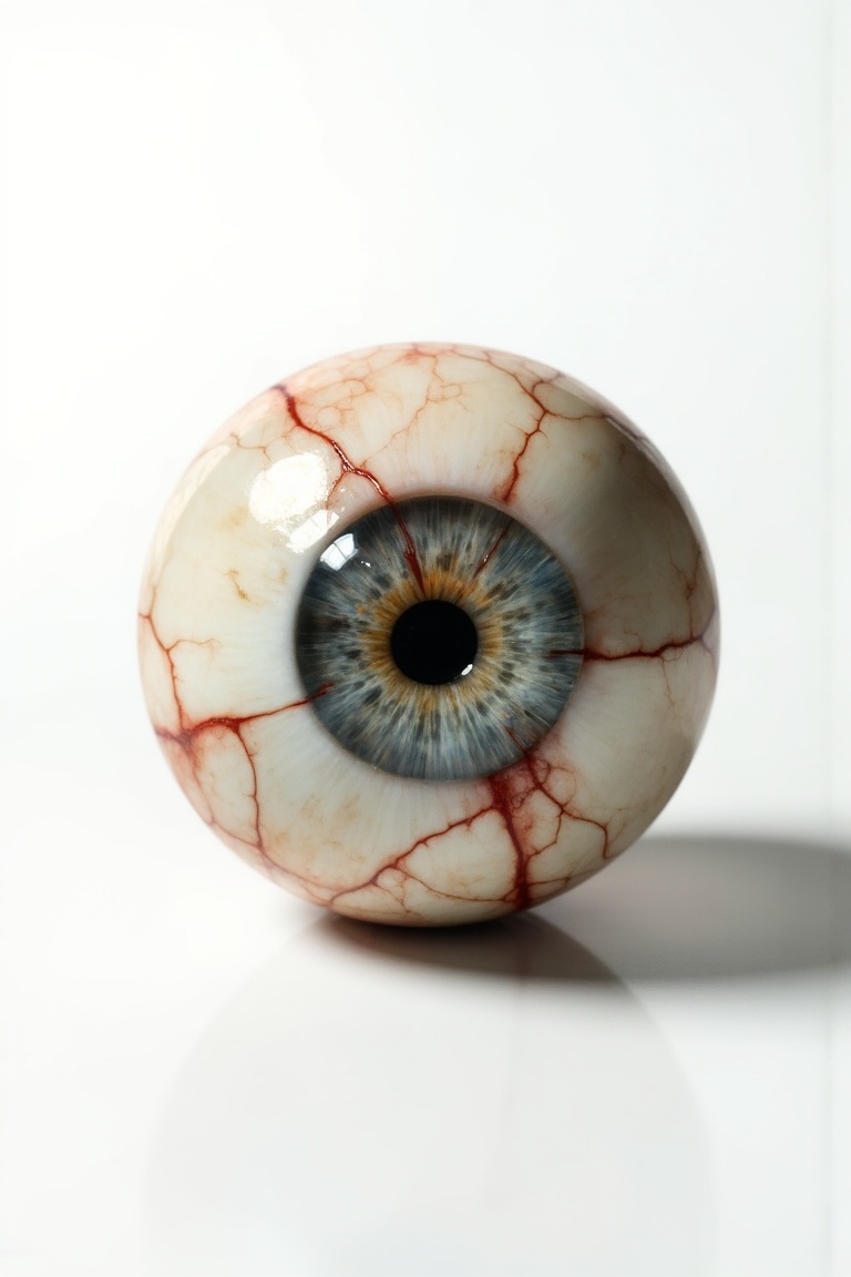 Hyperrealistic scene of a round eyeball with small red veins faintly visible,  white background,  Very high detail on Tens...