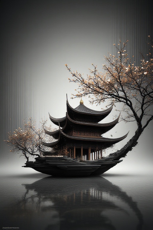 The image depicts a surreal scene where a traditional East Asian pagoda-style building is integrated into a floating struc...