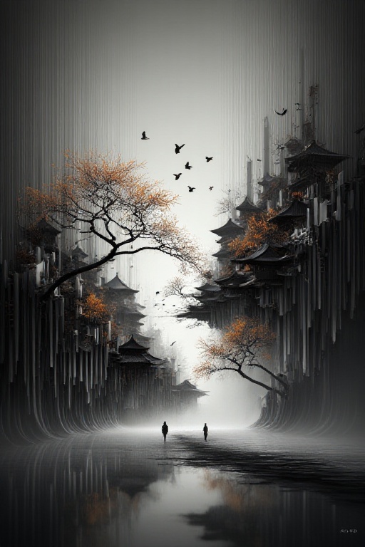 The image depicts a surreal landscape with a blend of traditional East Asian architecture and fantastical elements. On the...