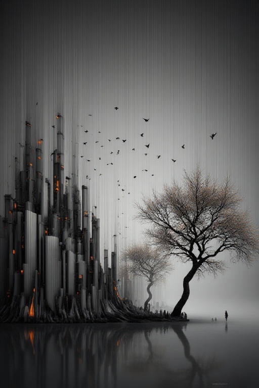 The image depicts a surreal landscape where a cityscape is integrated into a natural environment. The cityscape is compose...