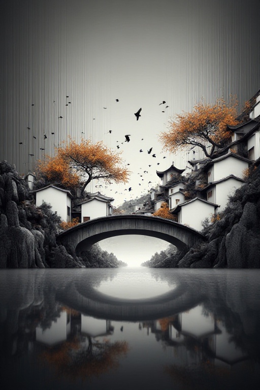 The image depicts a surreal,  artistic scene of traditional East Asian architecture. It features a series of white,  multi...
