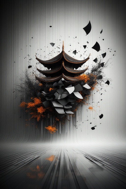 The image depicts a surreal,  abstract scene with a blend of architectural and natural elements. At the center,  there is...