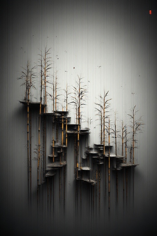 The image depicts a surreal,  abstract scene with a blend of natural and architectural elements. In the foreground,  there...