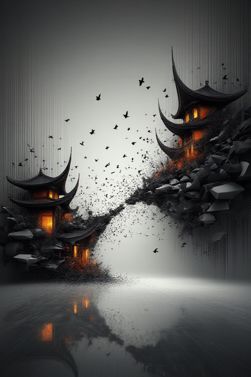 The image depicts a modern architectural structure resembling traditional East Asian pagodas,  with a sleek,  futuristic d...