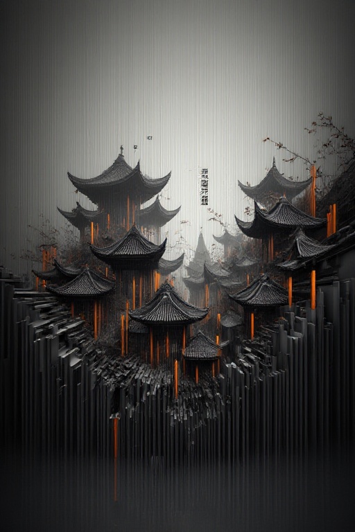 The image depicts a surreal,  digitally altered scene of traditional East Asian architecture,  specifically resembling Chi...