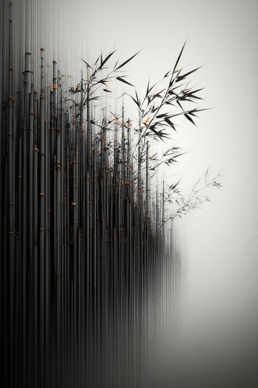 The image depicts a stylized,  abstract scene with a focus on a large number of vertical black and gray bamboo stalks. The...