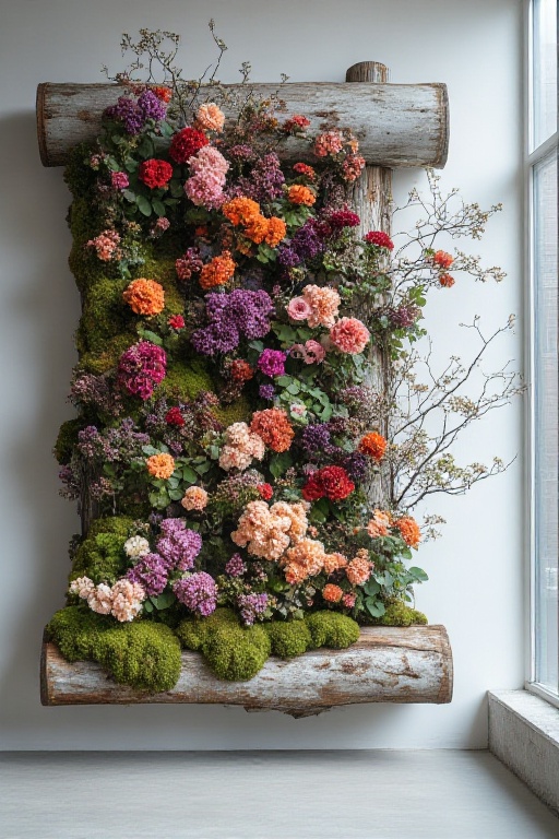 The image depicts a wall-mounted floral arrangement that appears to be designed to resemble a vertical garden or a natural...