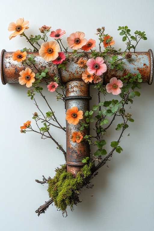 The image depicts a piece of art that combines natural and man-made elements. At the center is a rusted metal pipe,  which...