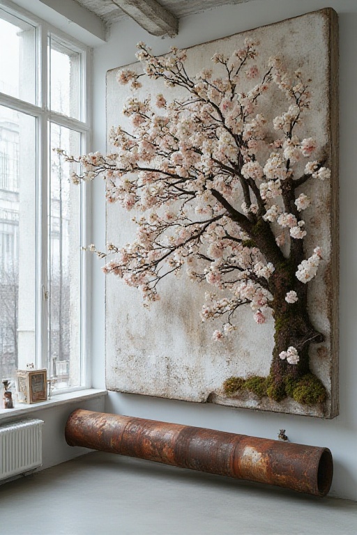 The image depicts a creatively designed interior space with a focus on a wall adorned with a large,  artistic representati...