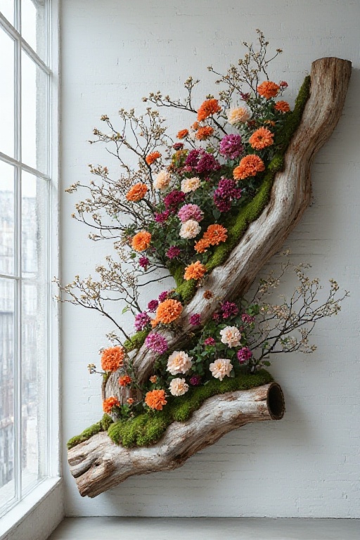 The image depicts a creative floral arrangement mounted on a white brick wall. The floral display consists of various type...