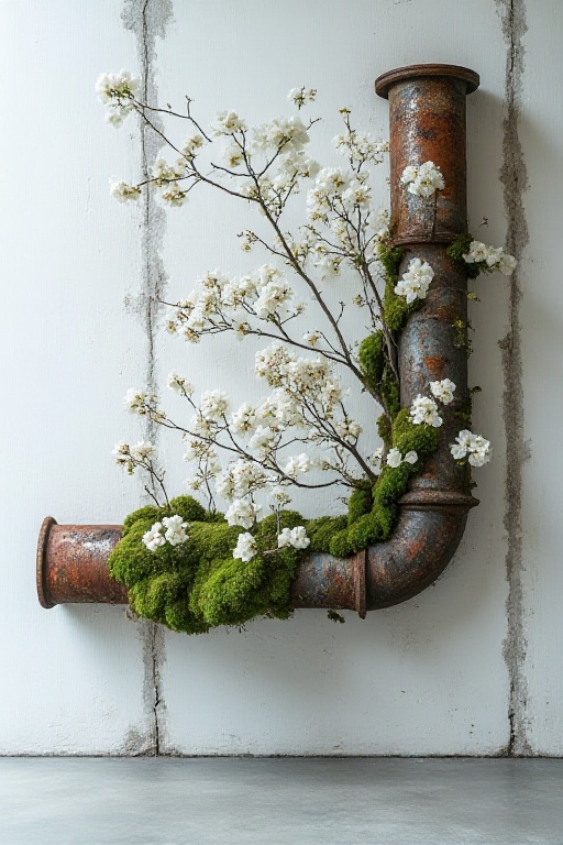 The image shows a wall with a white background,  featuring a large,  rusted metal pipe that has been repurposed as a decor...