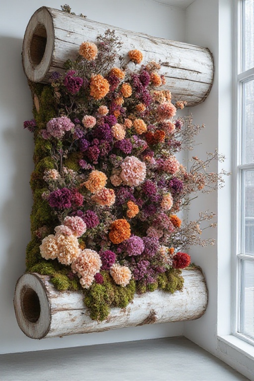 The image depicts a wall-mounted floral installation made from a large,  white,  cylindrical wooden log. The log is decora...