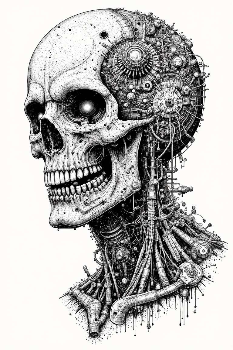 A collage of futuristic Robot head Skull,  dynamic composition,  8k on Tensor.Art