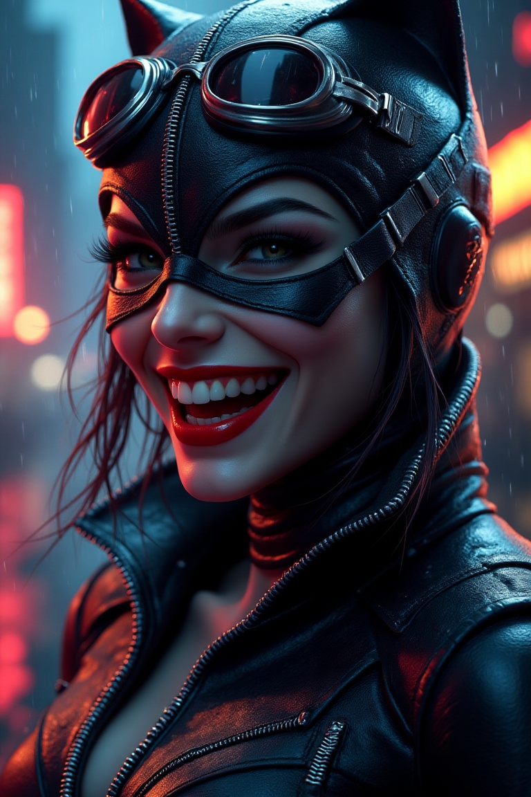 a close-up of a seductive female thief in stitched black leather catsuit and goggles,  wide smile with sharp teeth,  heavy...