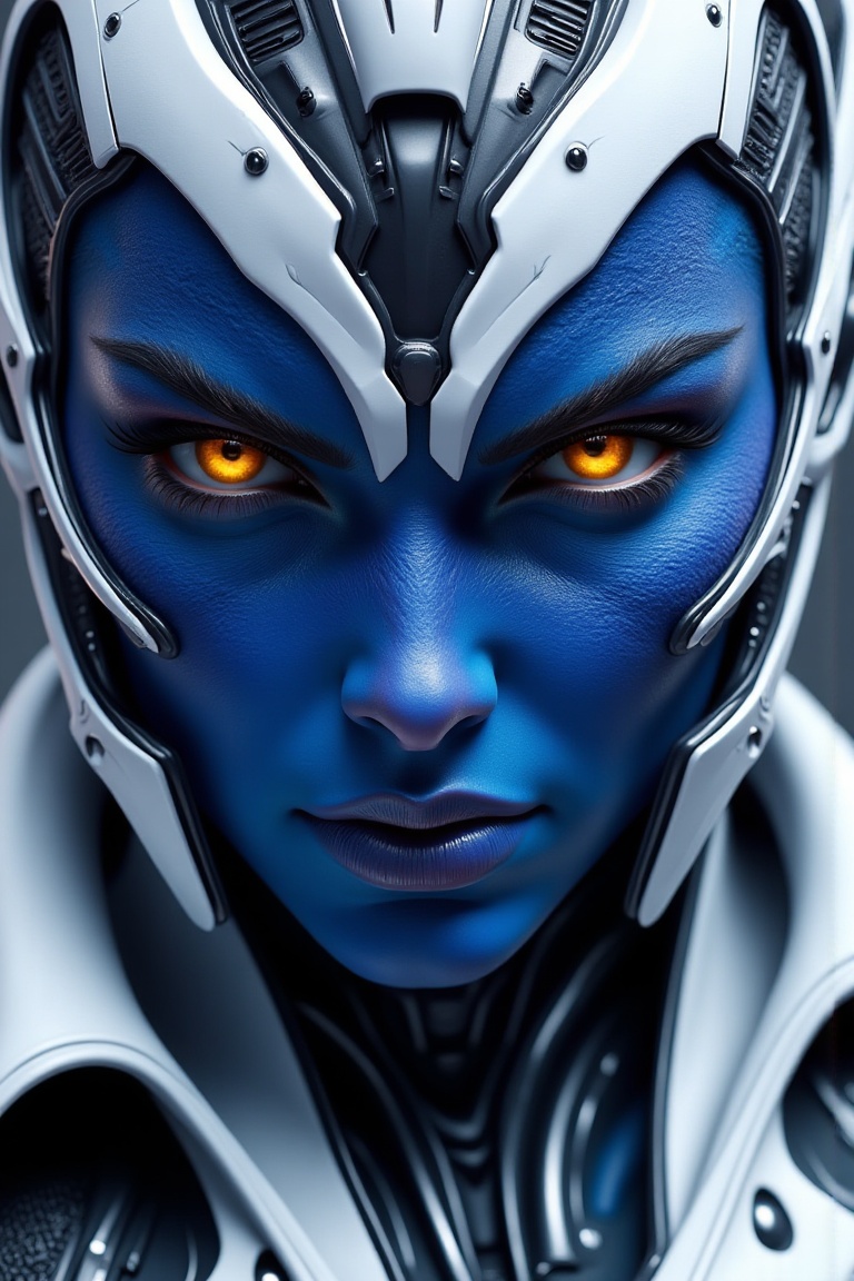 hyper-realistic close-up of a futuristic female superhero with blue textured skin and yellow glowing eyes,  silver cyberne...
