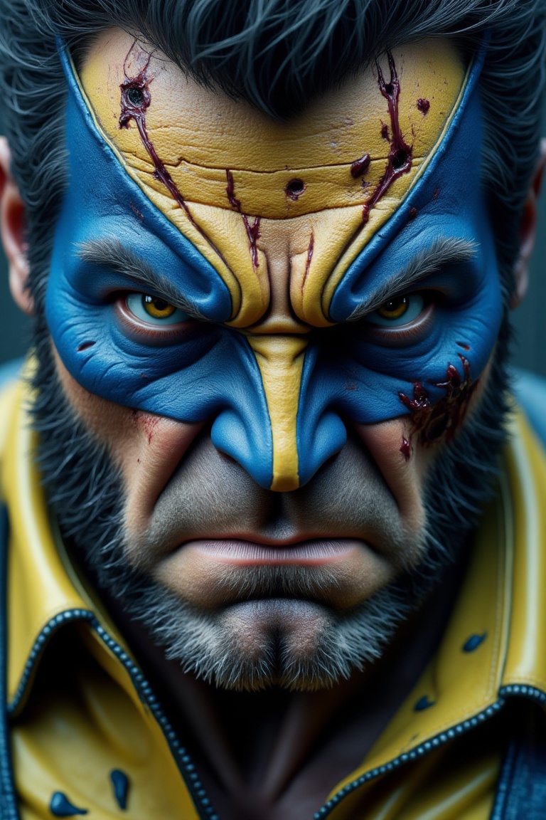 ultra-realistic close-up portrait of a rugged male superhero with a blue and yellow battle-damaged mask,  angry expression...
