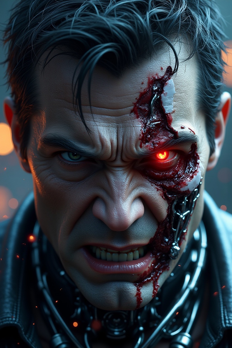 a close-up portrait of a battle-damaged cyborg man with messy dark hair,  intense angry expression,  half-human face with...