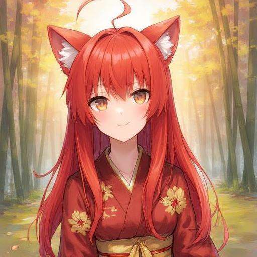 A cheerful red-haired girl with long,  wavy locks flowing down her back,  her hair glowing vibrantly under the sunlight. A...