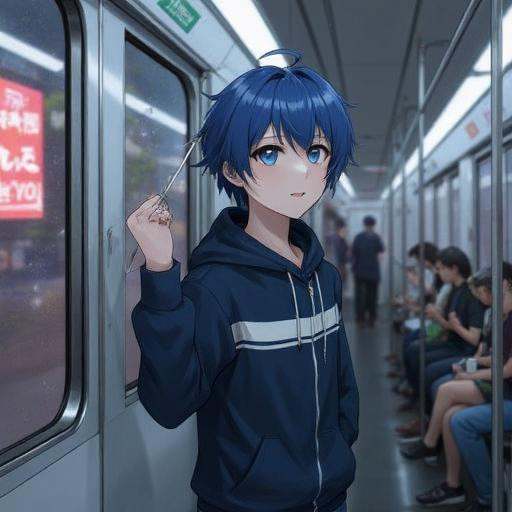 A thoughtful blue-haired boy with short,  slightly tousled hair and a subtle ahoge curving at the crown of his head,  stan...