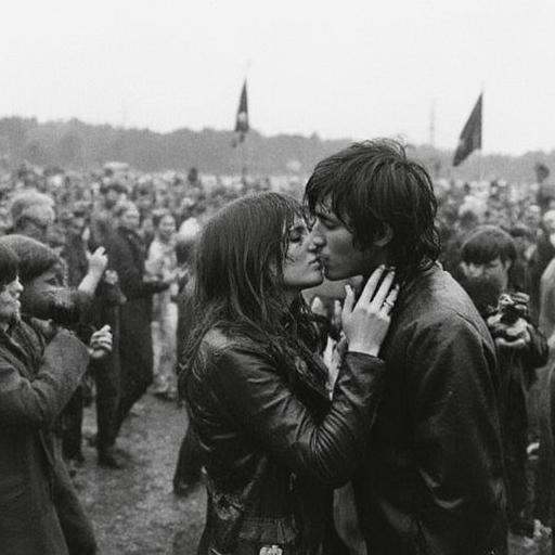 A high-quality black-and-white photograph of a young couple—a girl and a young man—sharing a passionate kiss in the rain d...