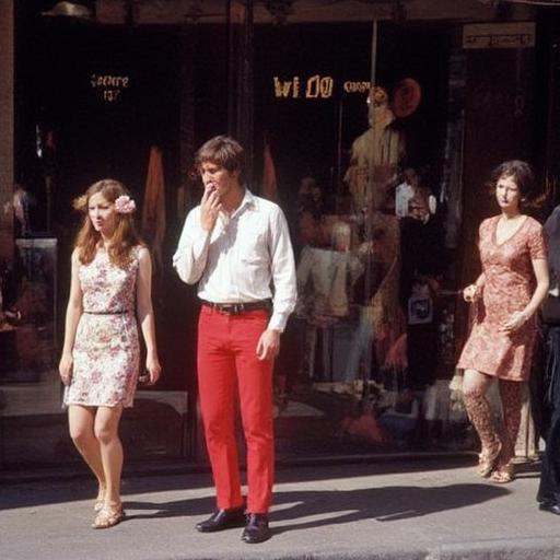 vibrant red pants,  natural lighting creates a dreamy,  while the reflection of mannequins in stylish attire adds to the n...
