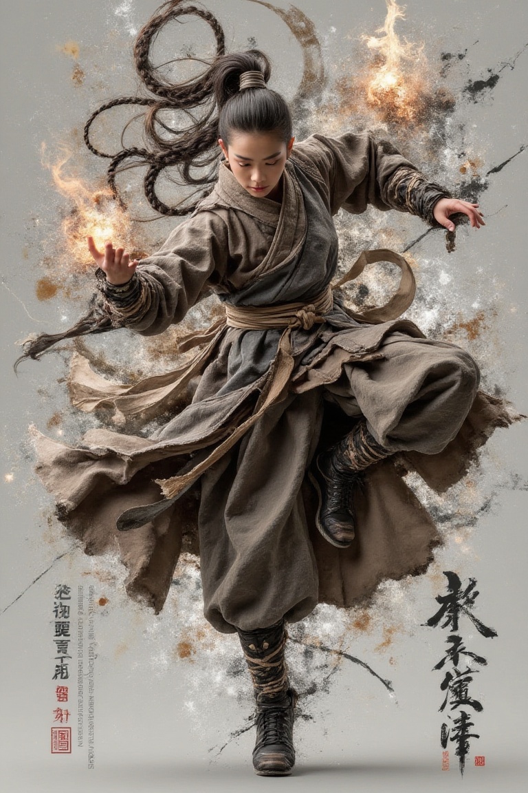monkstyle,  strong female martial artist with braided hair in battle motion,  traditional monk robe fluttering on Tensor.Art