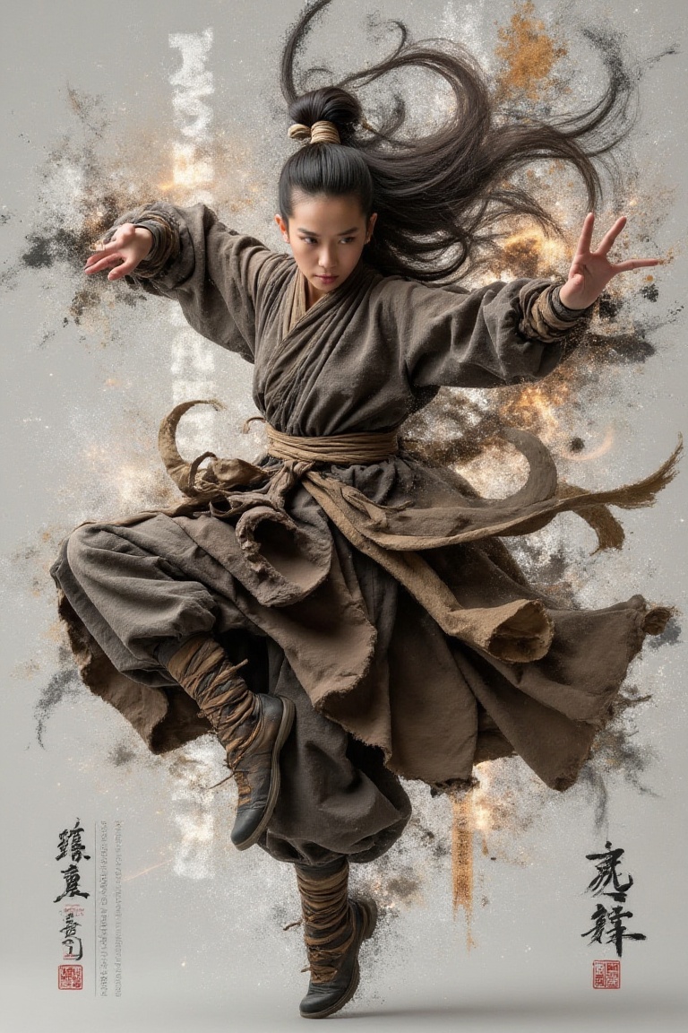 monkstyle,  female monk with long flowing black hair,  in dynamic mid-air martial arts pose on Tensor.Art