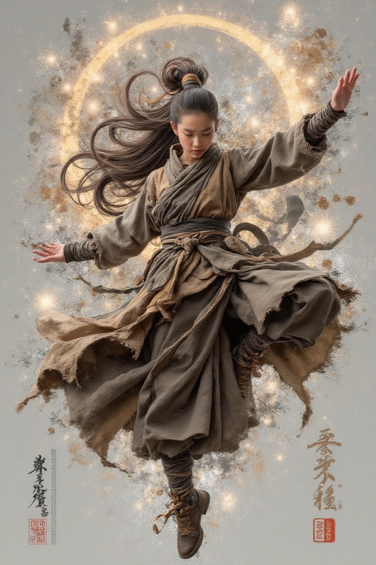 monkstyle,  long-haired female monk levitating slightly with arms spread,  cloth floating ethereally on Tensor.Art