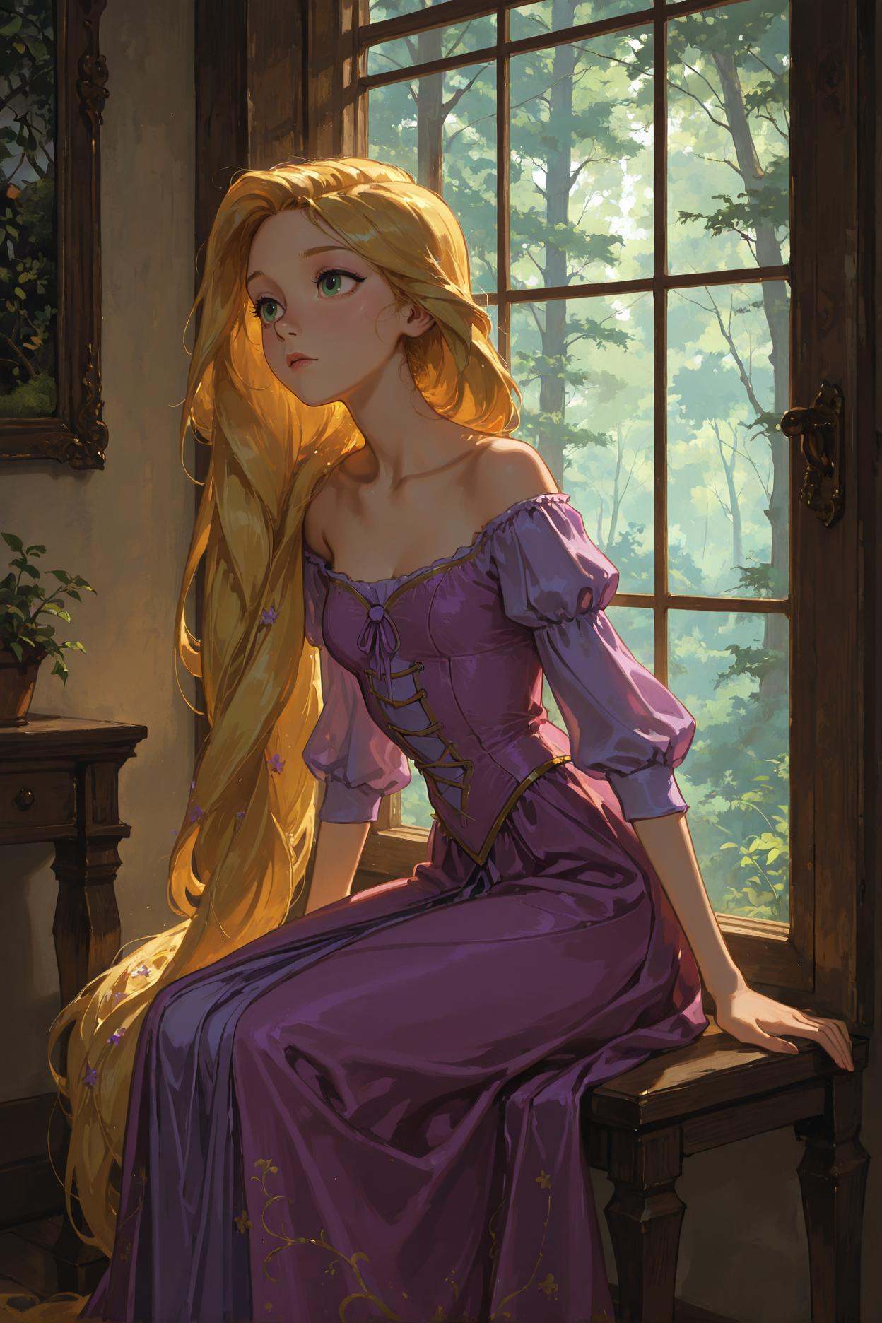 rapunzel_\(disney\),  bare neck,  forest in window on Tensor.Art