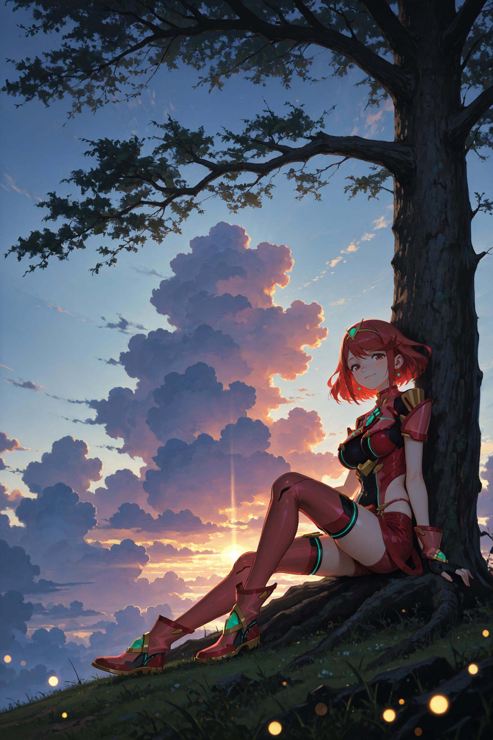 pyra \(xenoblade\),  leaning on a tree,  detailed background on Tensor.Art