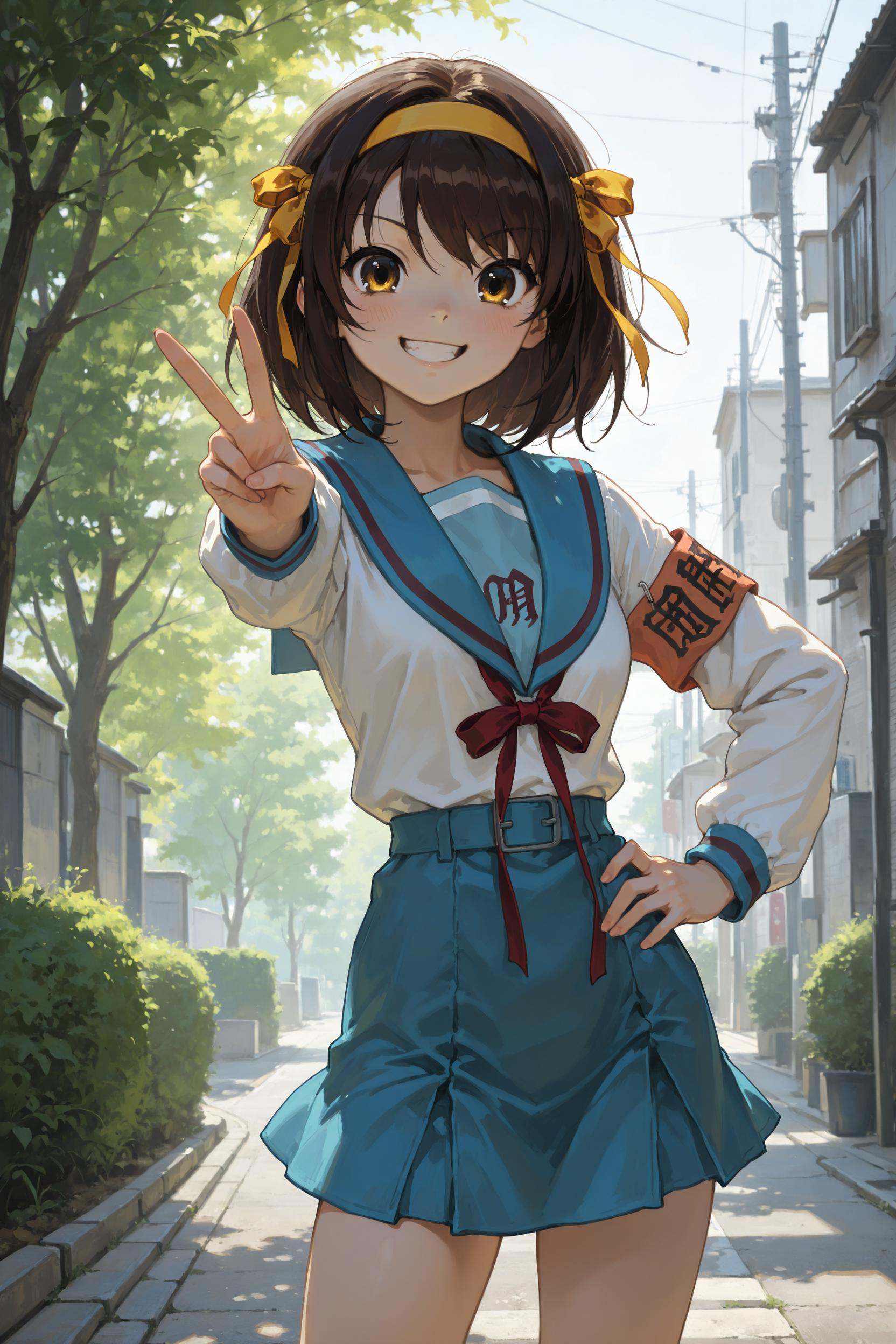 suzumiya haruhi,  blue sailor collar,  yellow hairband on Tensor.Art