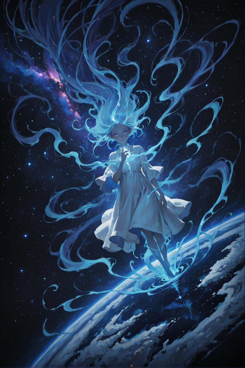 spirit girl,  white dress,  blue aura on Tensor.Art