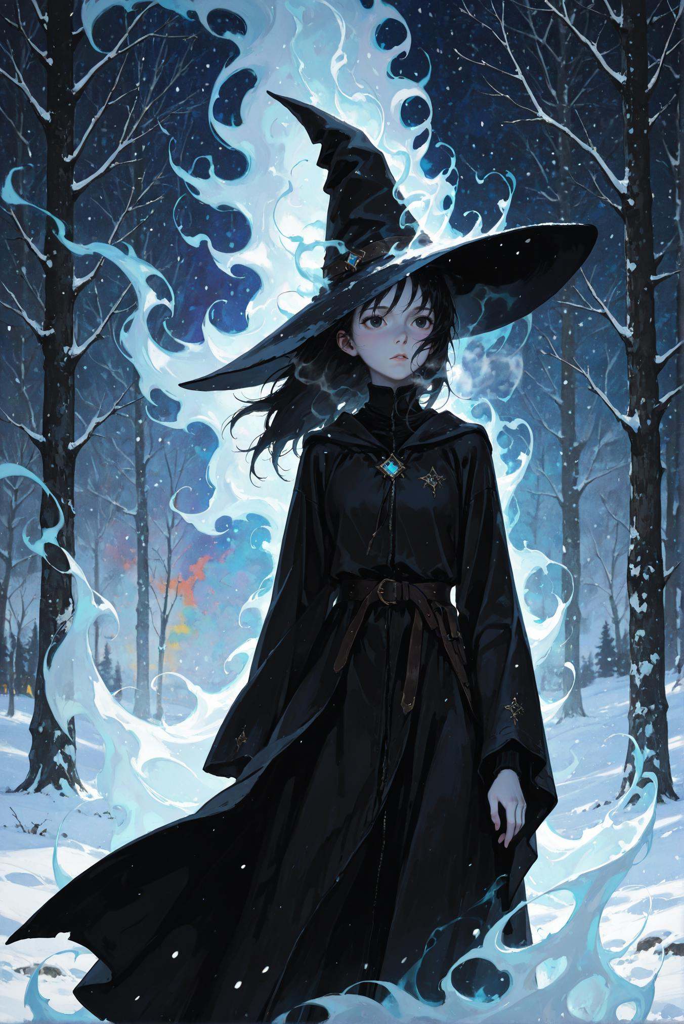 multicolored background,  witch hat,  black hair on Tensor.Art