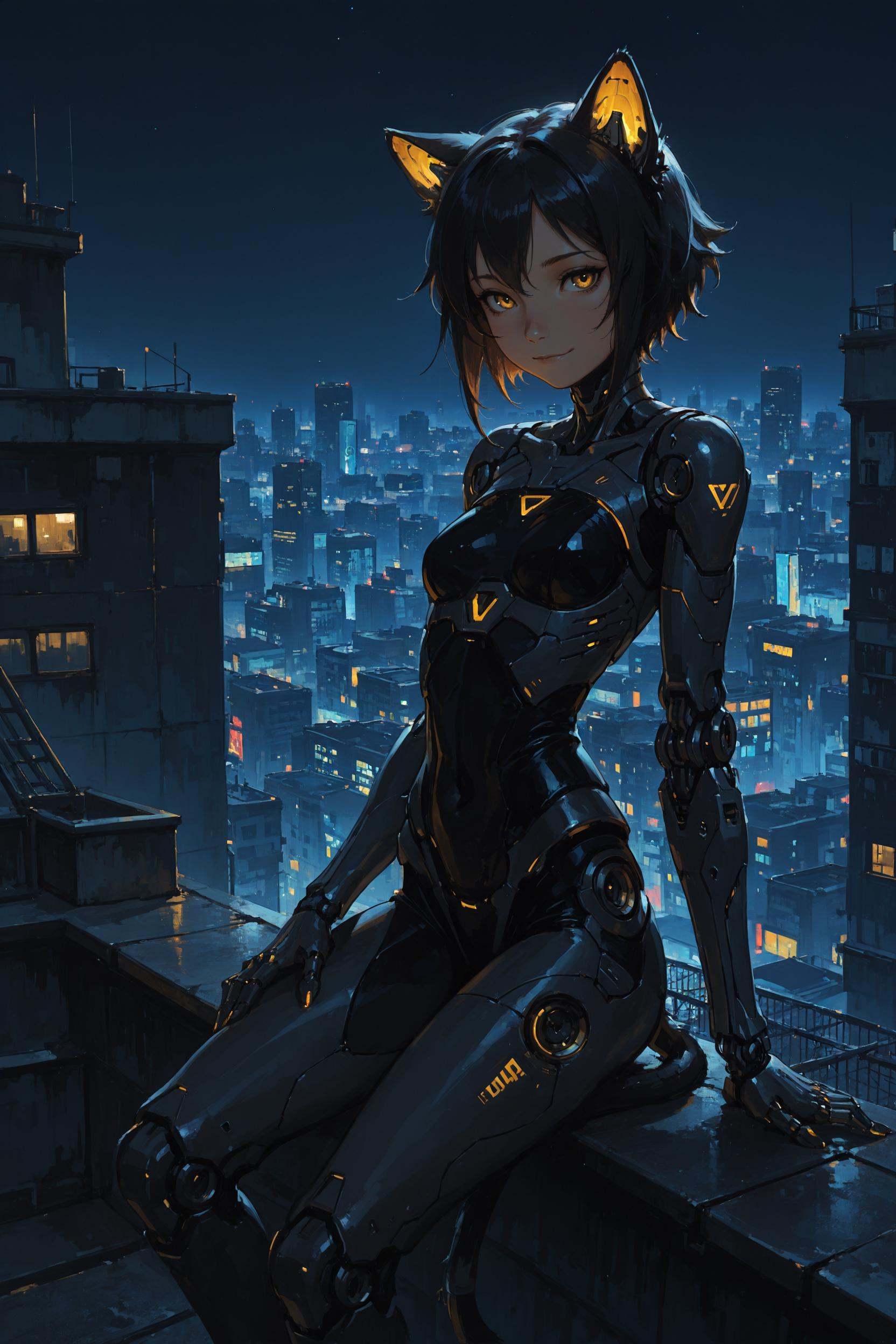 cyborg,  catgirl,  futuristic city on Tensor.Art